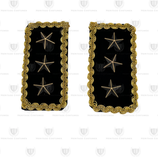 A pair of replica Civil War officer epaulettes featuring gold trim and intricate detailing, designed to resemble historical military shoulder boards. Perfect for reenactments, costumes, and collectors.