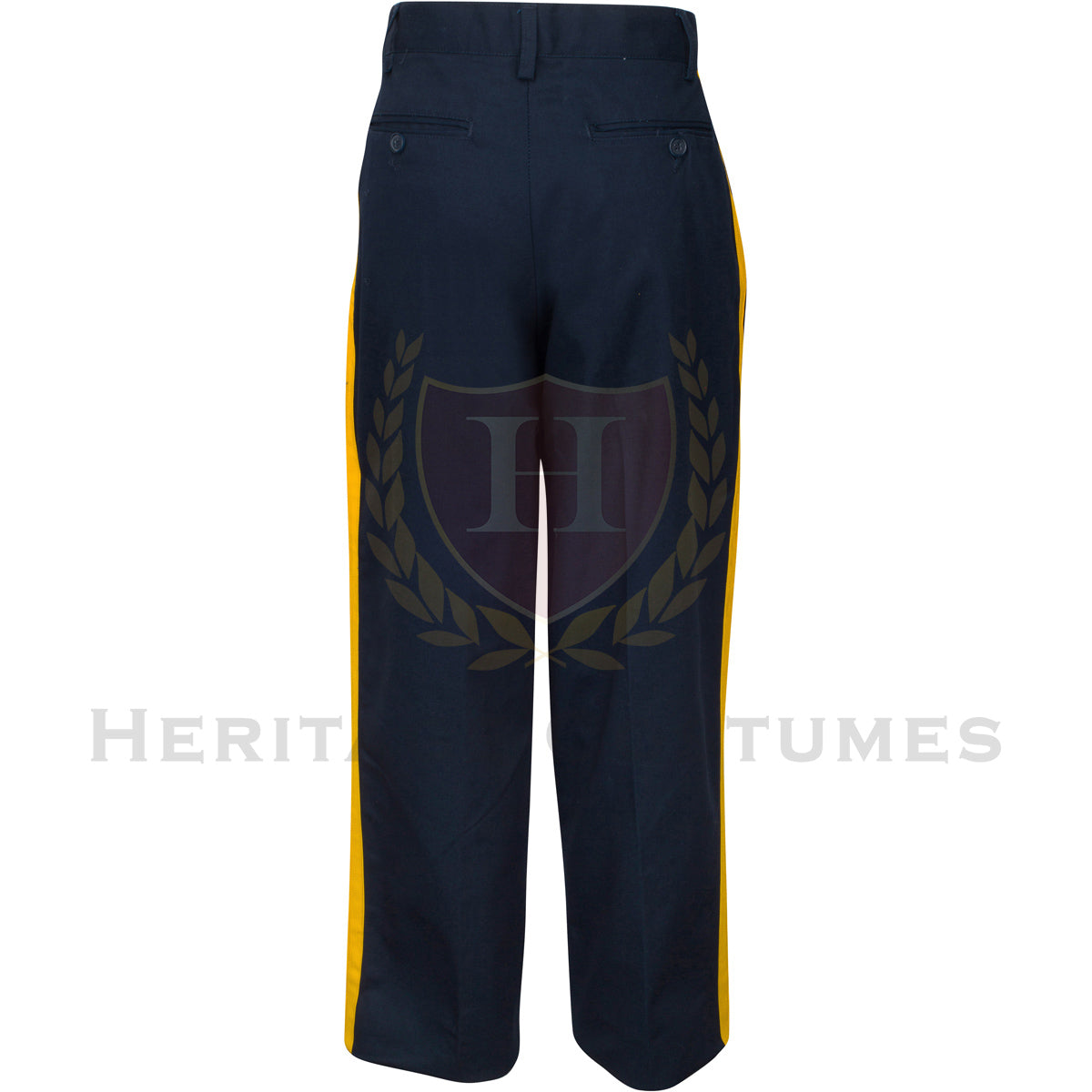 Back view of Civil War Union officer trousers in navy blue, featuring a gold stripe along each leg. Historically accurate replica with an adjustable elastic button waistband. Ideal for Civil War reenactments, historical costumes, and collectors.