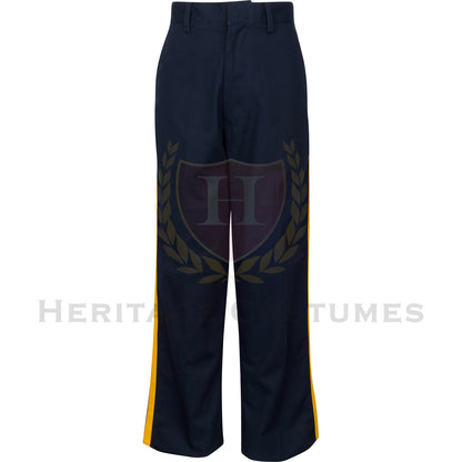 Front view of Civil War Union officer trousers in navy blue, featuring a gold stripe along each leg. Historically accurate replica with an adjustable elastic button waistband. Ideal for Civil War reenactments, historical costumes, and collectors.