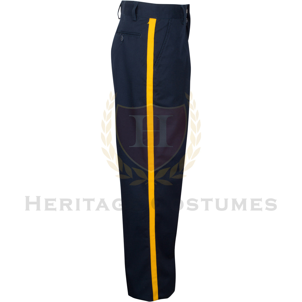 Side view of Civil War Union officer trousers in navy blue, featuring a gold stripe along each leg. Historically accurate replica with an adjustable elastic button waistband. Ideal for Civil War reenactments, historical costumes, and collectors.