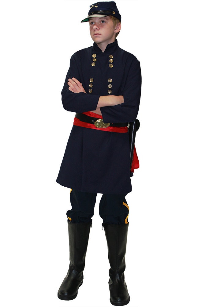 Civil War Union officer uniform featuring a navy blue coat with gold buttons, matching trousers with a gold stripe, and historically accurate details. Perfect for reenactments, theatrical performances, and historical collectors.