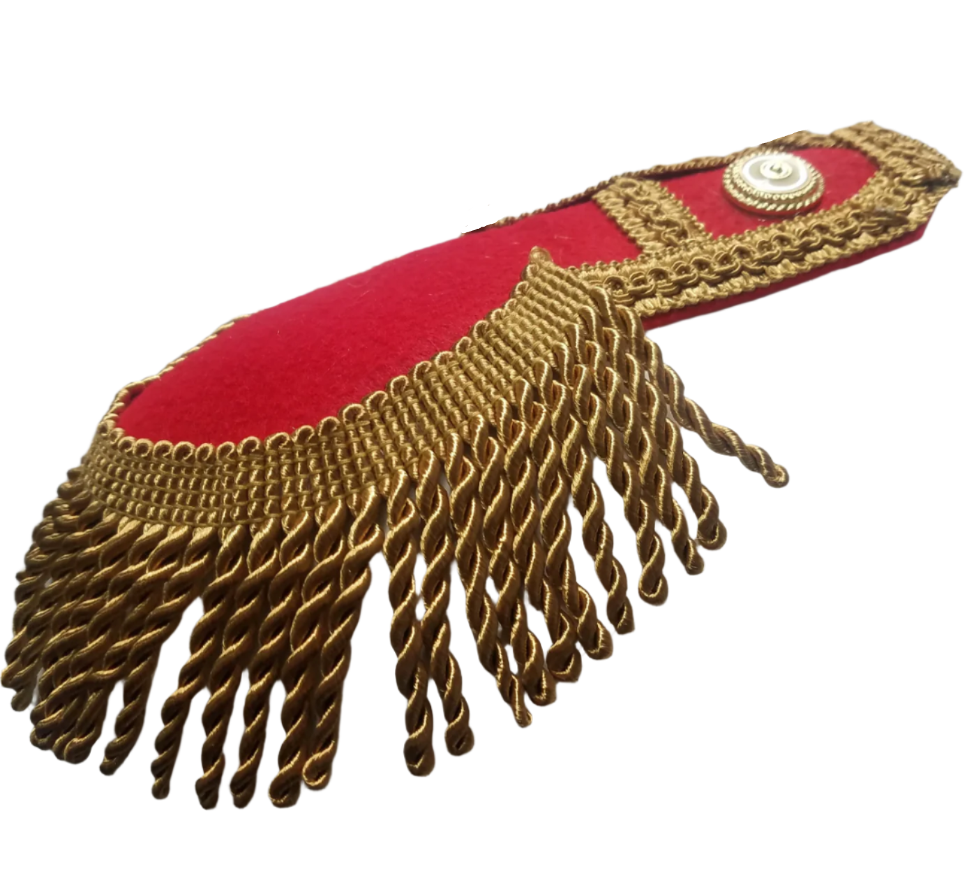 Pair of red historical military epaulettes with gold trim, featuring a classic design that adds authenticity to military uniforms for reenactments, theater, or historical costumes.