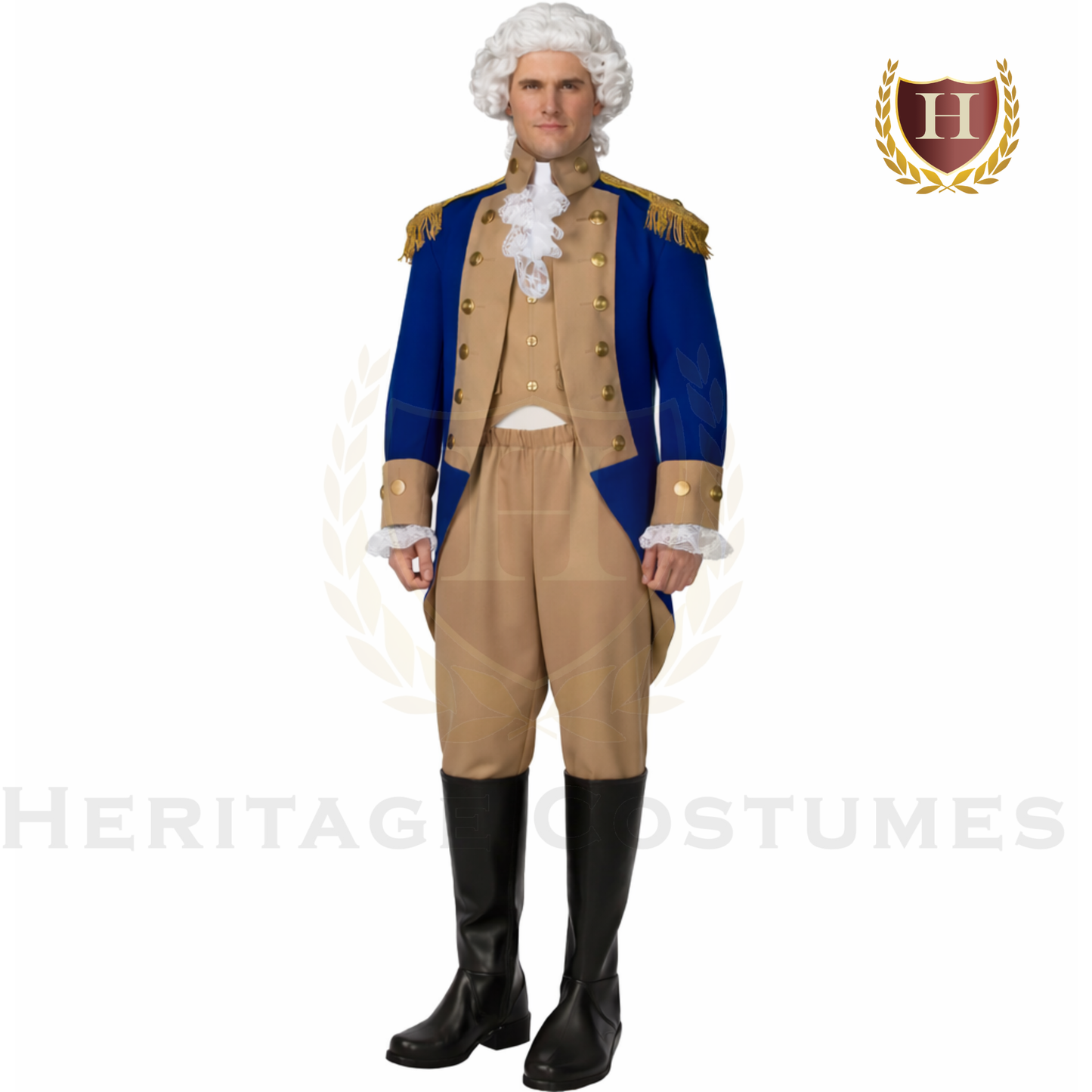 Person wearing a historical costume with blue jacket and beige pants on a white background, featuring 'Heritage Costumes' logo.