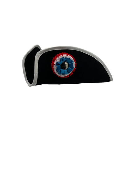  Cocked Colonial Tricorn Hat with white trim, featuring a French tricolor cockade in red, blue, and white, perfect for colonial-era reenactments, historical costumes, and themed events.