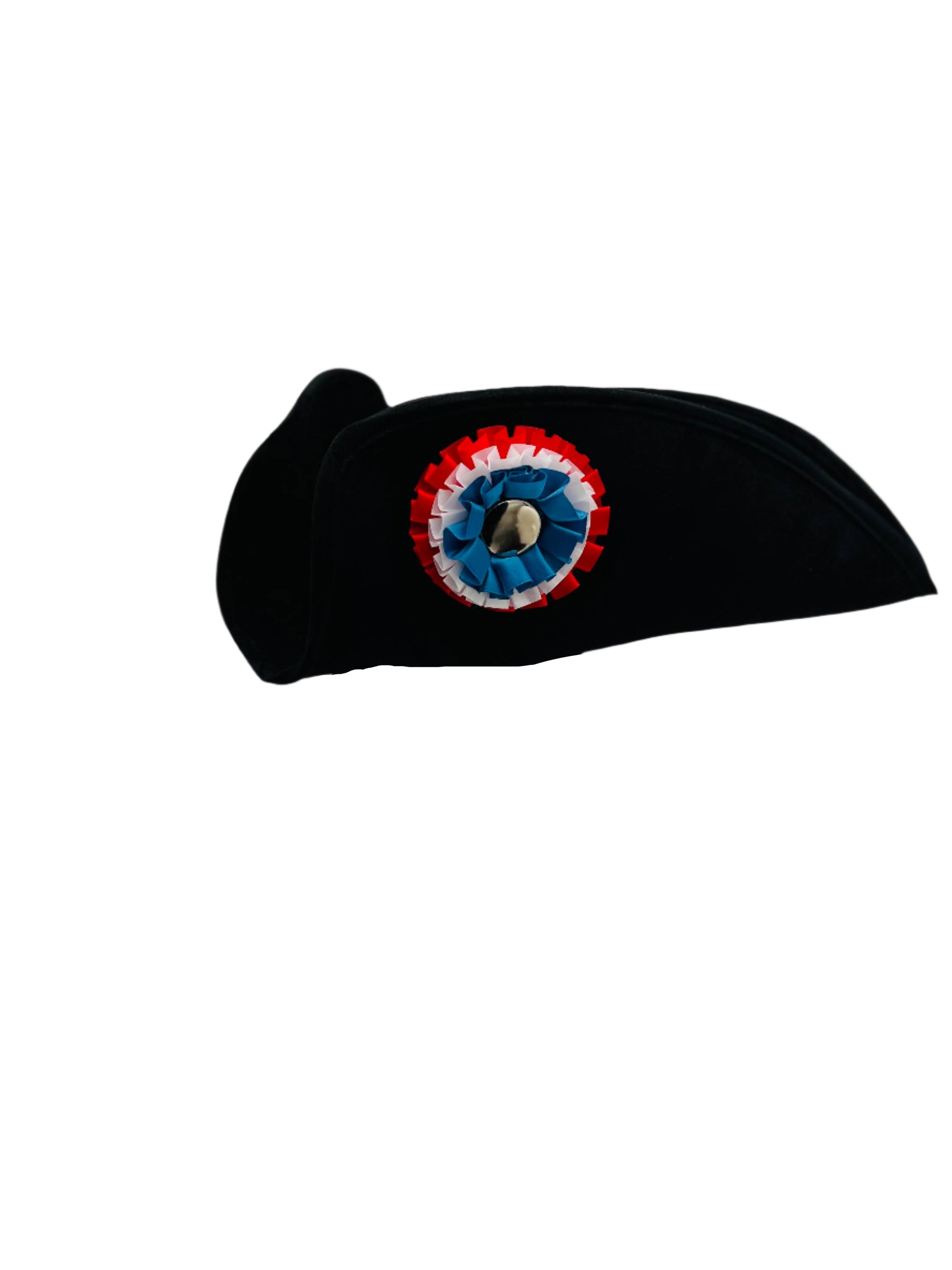 Front view of a Cocked Colonial Tricorn Hat with black trim, featuring a French tricolor cockade in red, blue, and white, perfect for colonial reenactments, historical costumes, and themed events.