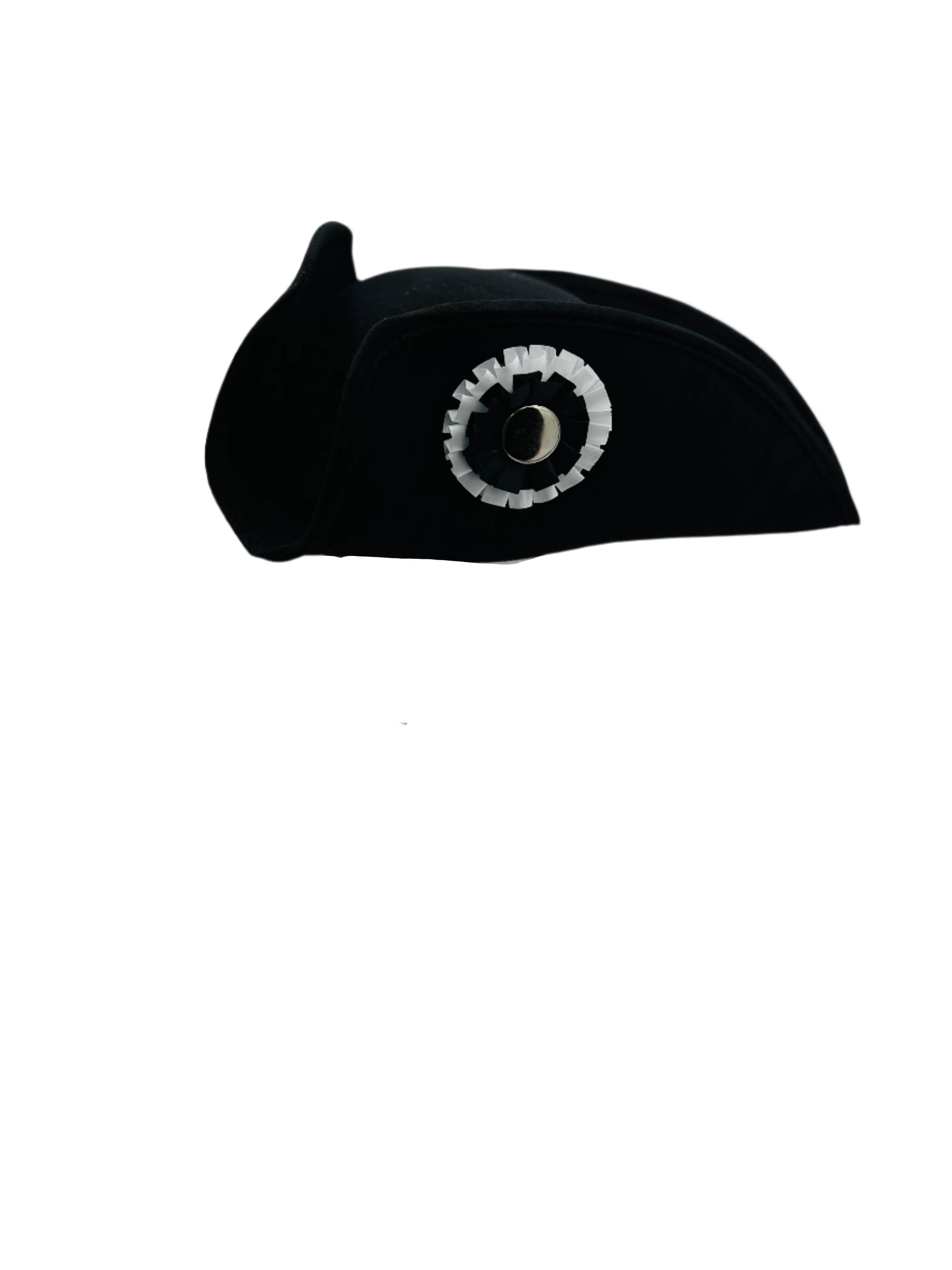 Cocked Colonial Tricorn Hat with black trim, adorned with a French tricolor cockade in red, blue, and white, ideal for historical reenactments, colonial attire, and themed events.