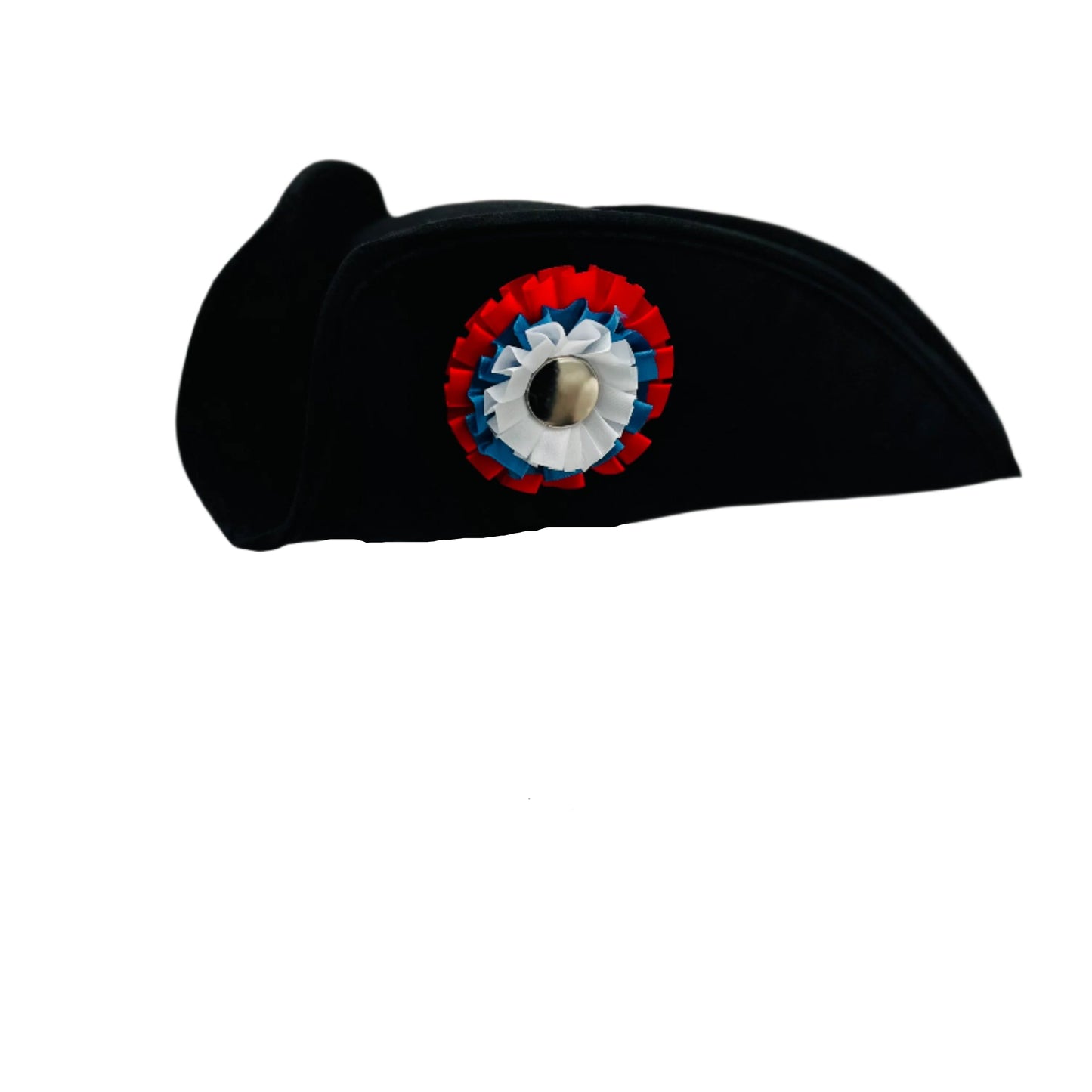 Cocked Colonial Tricorn Hat with black trim, adorned with a United States tricolor cockade in white, blue, and red, ideal for Revolutionary War reenactments, colonial costumes, and patriotic events.