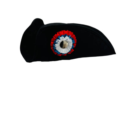 Cocked Colonial Tricorn Hat with black trim, adorned with a United States tricolor cockade in white, blue, and red, ideal for Revolutionary War reenactments, colonial costumes, and patriotic events.