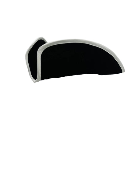 Front view of a Cocked Colonial Tricorn Hat with elegant white trim, featuring a classic 18th-century design, perfect for Revolutionary War reenactments, colonial costumes, and historical events.