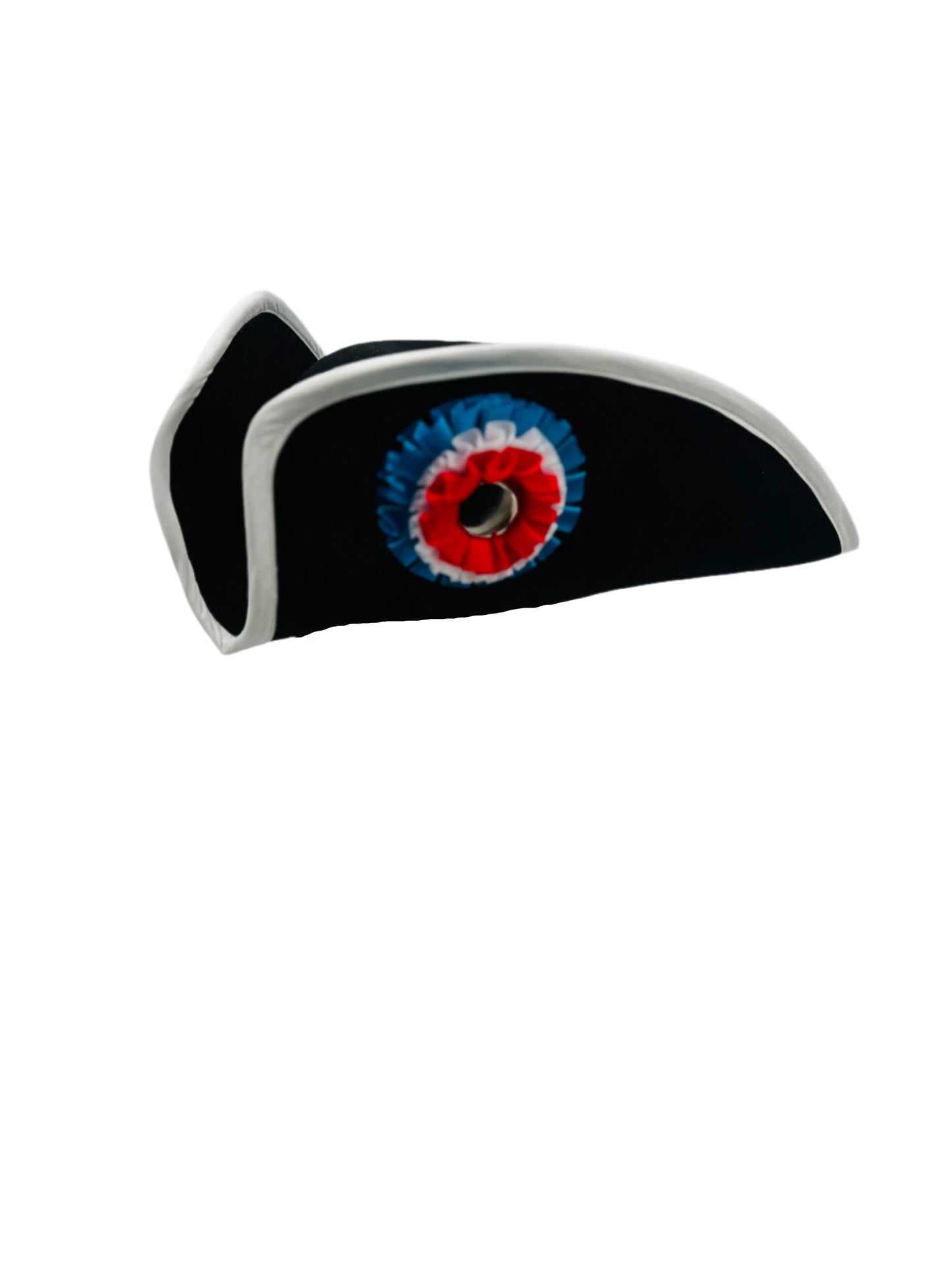 Cocked Colonial Tricorn Hat with black trim, adorned with British tricolor cockade in red, white, and blue, ideal for Revolutionary War reenactments, colonial costumes, and patriotic events.