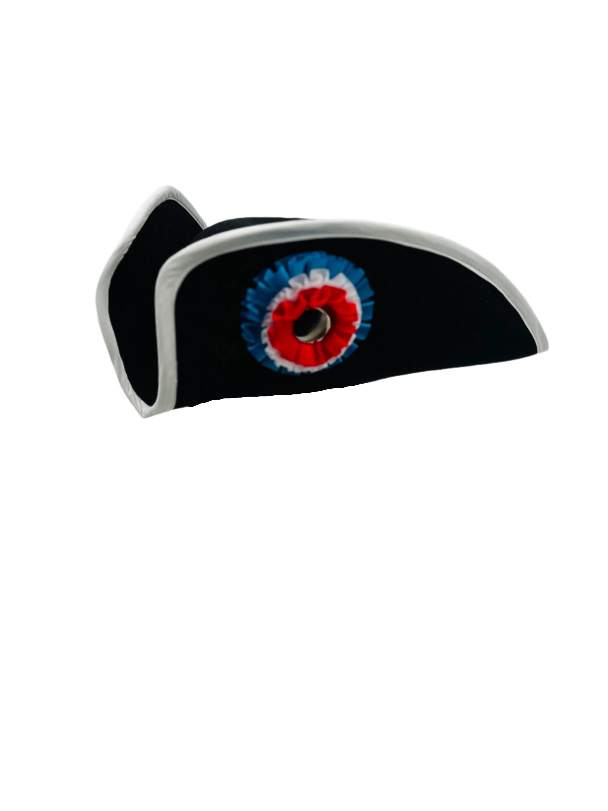 Cocked Colonial Tricorn Hat with black trim, adorned with British tricolor cockade in red, white, and blue, ideal for Revolutionary War reenactments, colonial costumes, and patriotic events.