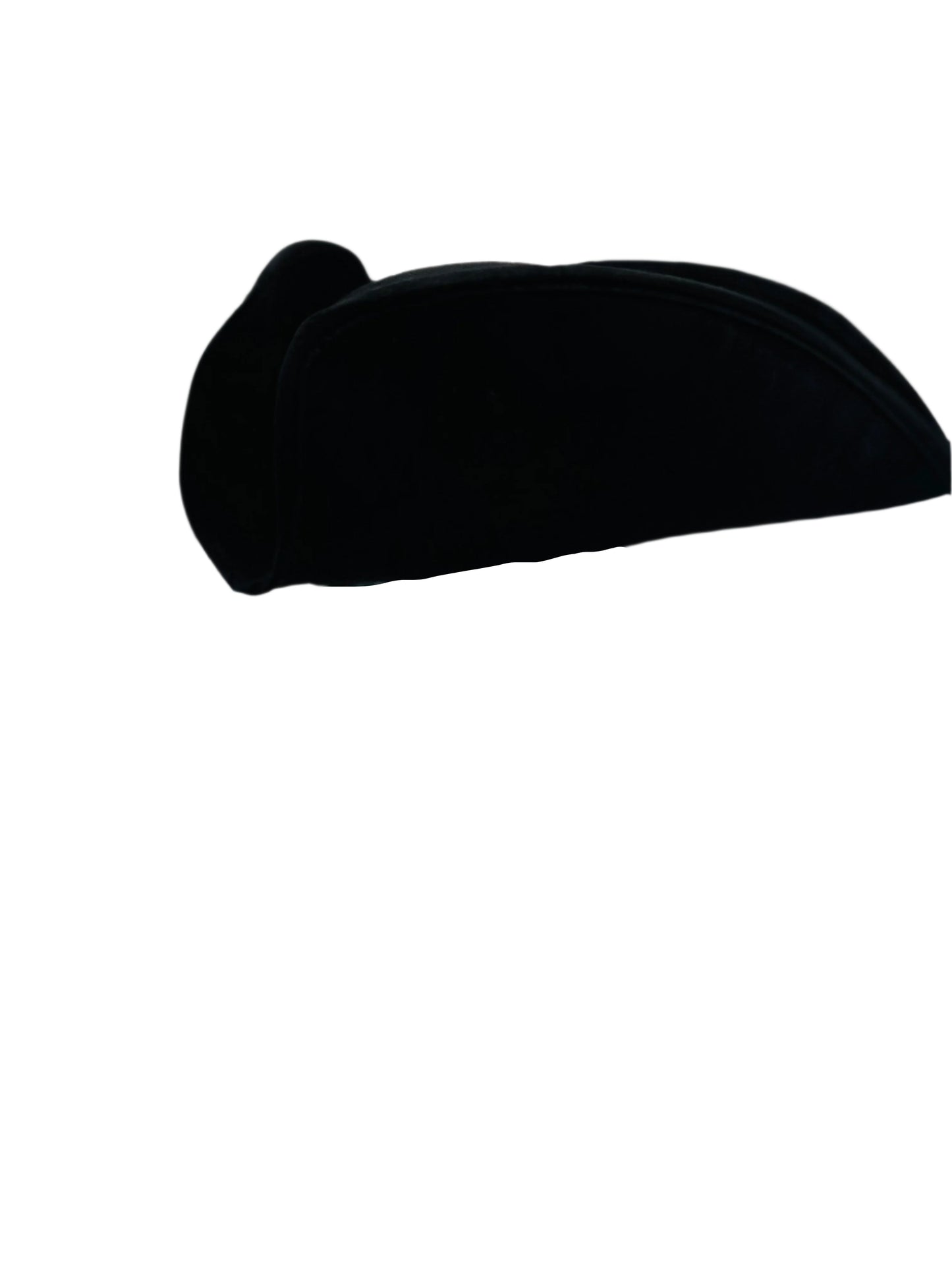 Front view of a Cocked Colonial Tricorn Hat with sleek black trim, showcasing a classic 18th-century design, ideal for historical reenactments, colonial attire, and themed events.