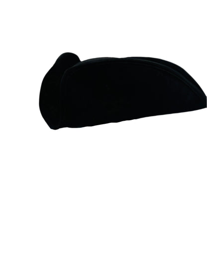 Front view of a Cocked Colonial Tricorn Hat with sleek black trim, showcasing a classic 18th-century design, ideal for historical reenactments, colonial attire, and themed events.