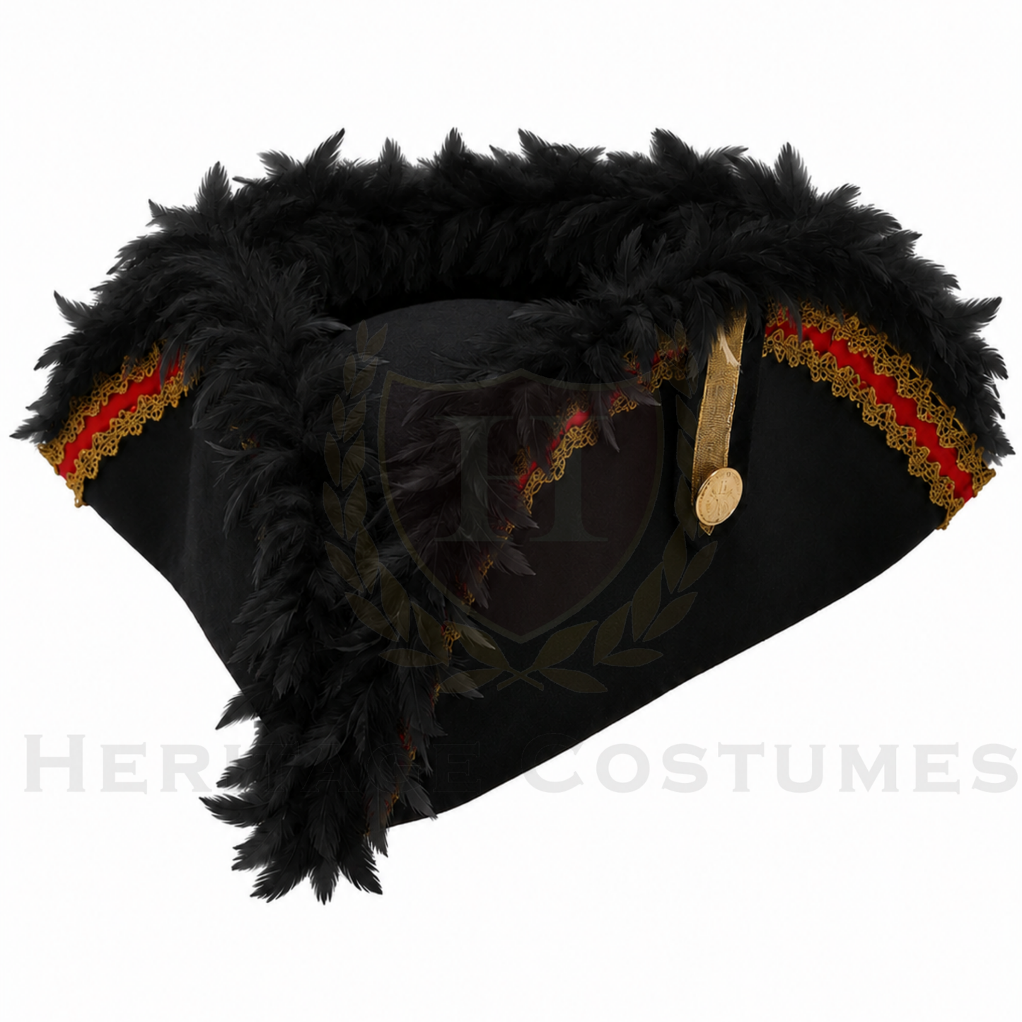 Colonial Inspired Commander Tricorne, Officer's Tricorn, or Pirate Hat with Gold and Red Colored Trim and Feathers