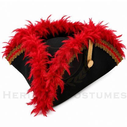 Colonial Inspired Commander Tricorne, Officer's Tricorn, or Pirate Hat with Gold and Red Colored Trim and Feathers