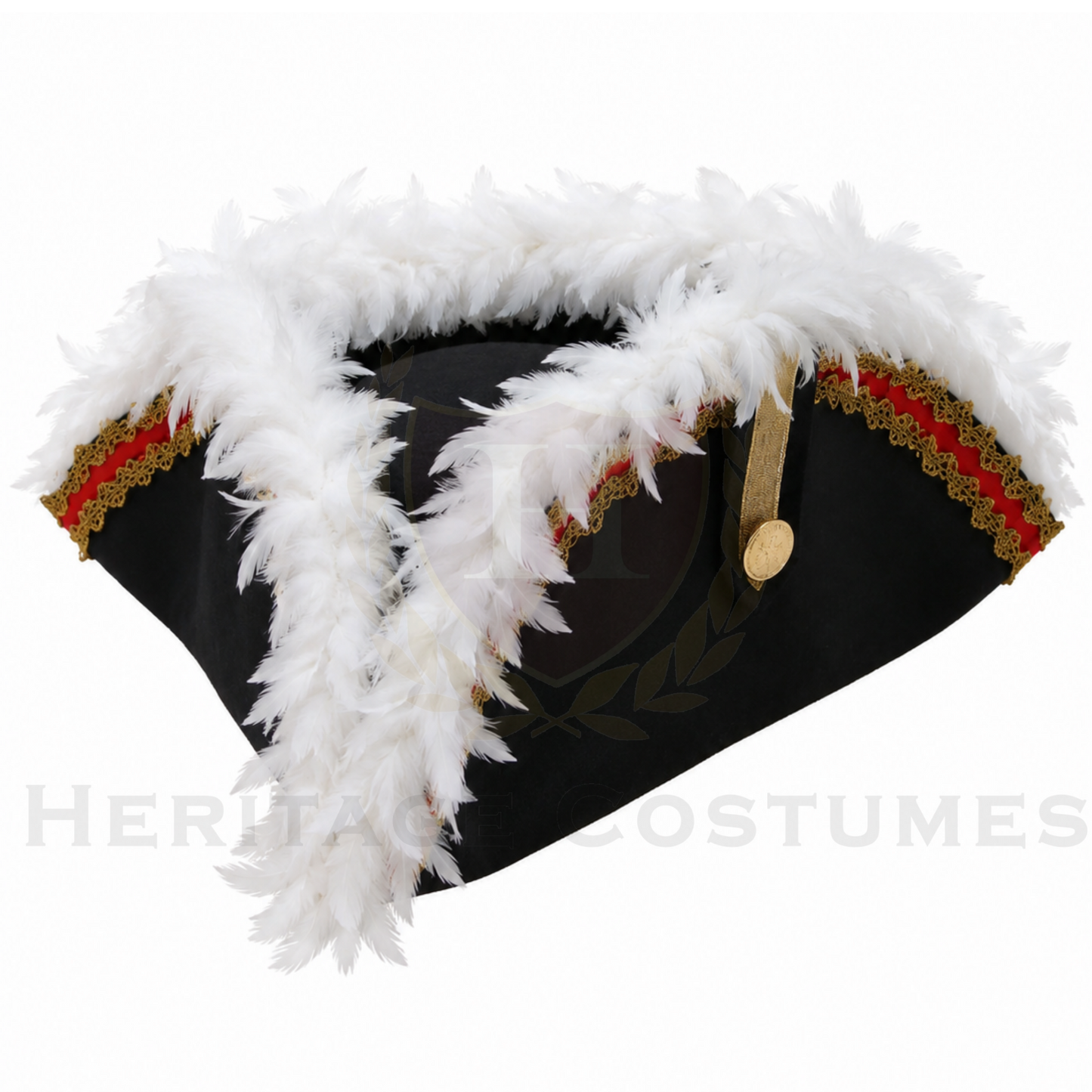 Colonial Inspired Commander Tricorne, Officer's Tricorn, or Pirate Hat with Gold and Red Colored Trim and Feathers