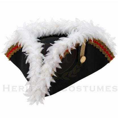 Colonial Inspired Commander Tricorne, Officer's Tricorn, or Pirate Hat with Gold and Red Colored Trim and Feathers