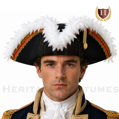 Colonial Inspired Commander Tricorne, Officer's Tricorn, or Pirate Hat with Gold and Red Colored Trim and Feathers