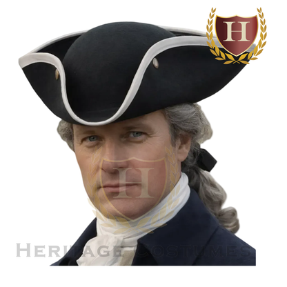 Colonial Tri-corner Hat (Black, W/Gold Braid Trim, W/ White Trim, or Brown)