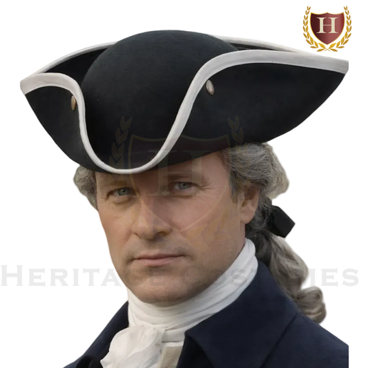 Colonial Tri-corner Hat (Black, W/Gold Braid Trim, W/ White Trim, or Brown)