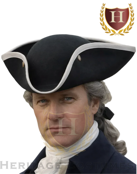 Colonial Tri-corner Hat (Black, W/Gold Braid Trim, W/ White Trim, or Brown)