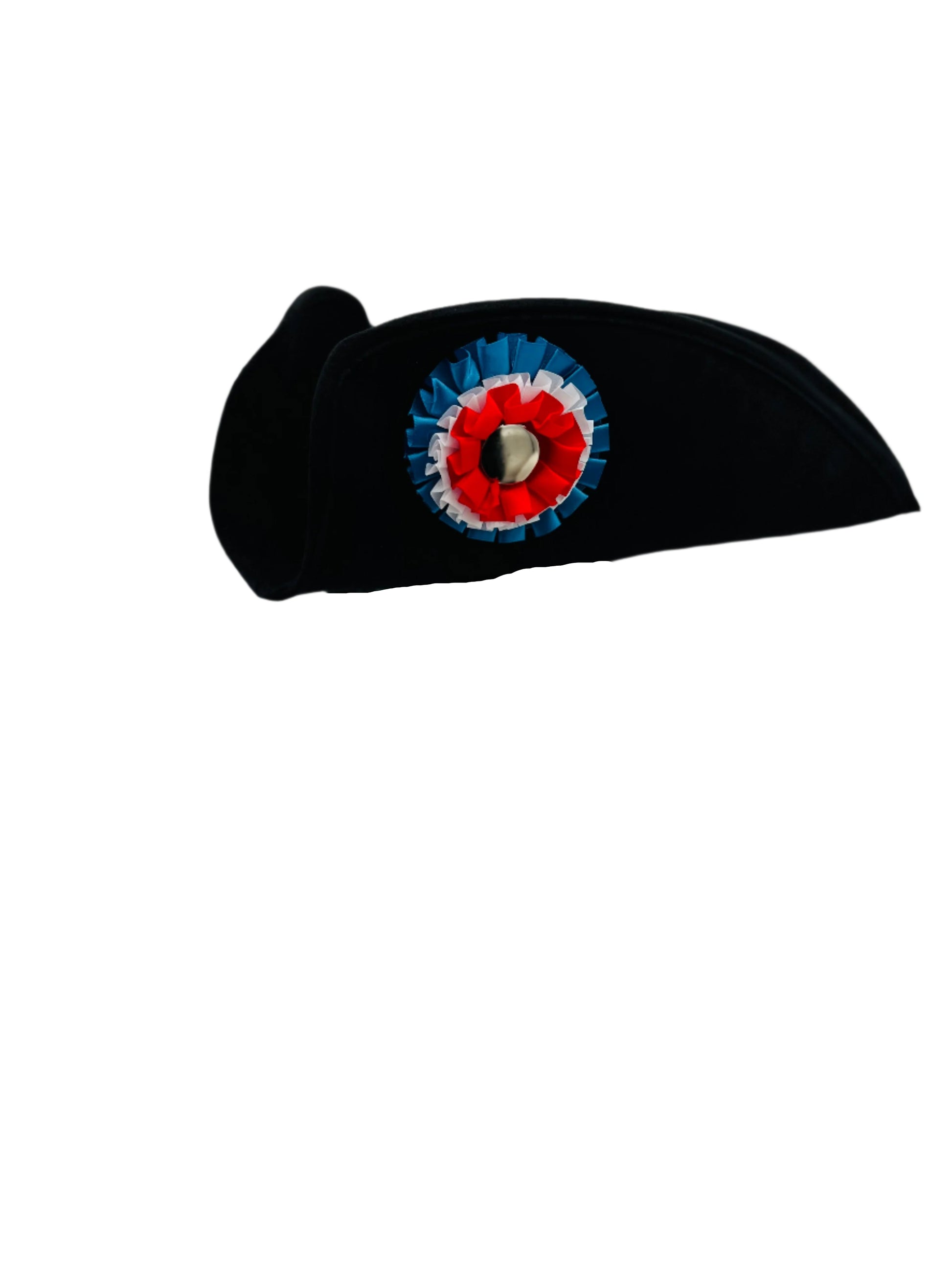 Front view of a Colonial Cocked Hat with black trim, adorned with a British tricolor cockade in blue, white, and red, perfect for historical reenactments, colonial uniforms, and Revolutionary War costumes.