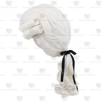 Colonial powder wig featuring traditional white curls, designed to complement 18th-century costumes for historical reenactments, theater, or period events."