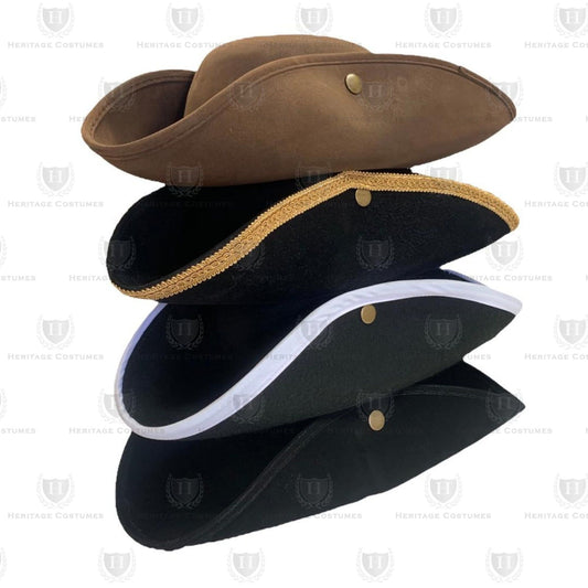 Colonial tri-corner hat – Available in black, brown, black with gold braid trim, and black with white trim. Perfect for 18th-century reenactments, Revolutionary War costumes, and historical events.