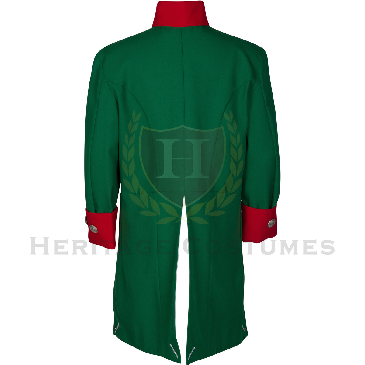 Back tails view of the Continental Marine Corps uniform jacket, showcasing the green gabardine fabric, red accents, and precise tailoring, ideal for Revolutionary War reenactments and historical events.