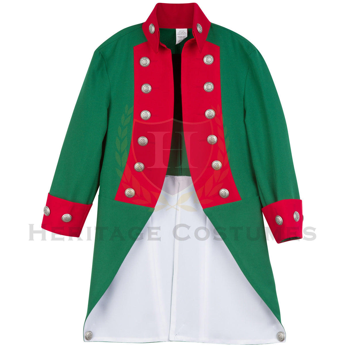 Front tails view of the Continental Marine Corps uniform jacket, highlighting the green gabardine fabric, red facings, and detailed craftsmanship, perfect for historical reenactments and Revolutionary War events.