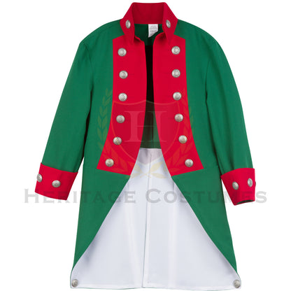 Front tails view of the Continental Marine Corps uniform jacket, highlighting the green gabardine fabric, red facings, and detailed craftsmanship, perfect for historical reenactments and Revolutionary War events.