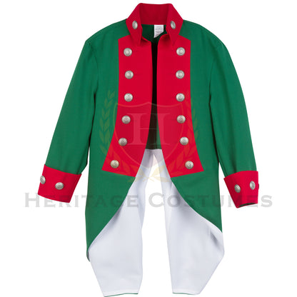 Front view of the Continental Marine Corps uniform jacket, featuring green gabardine fabric with red lapels and silver detachable buttons, designed for historical accuracy and Revolutionary War reenactments.