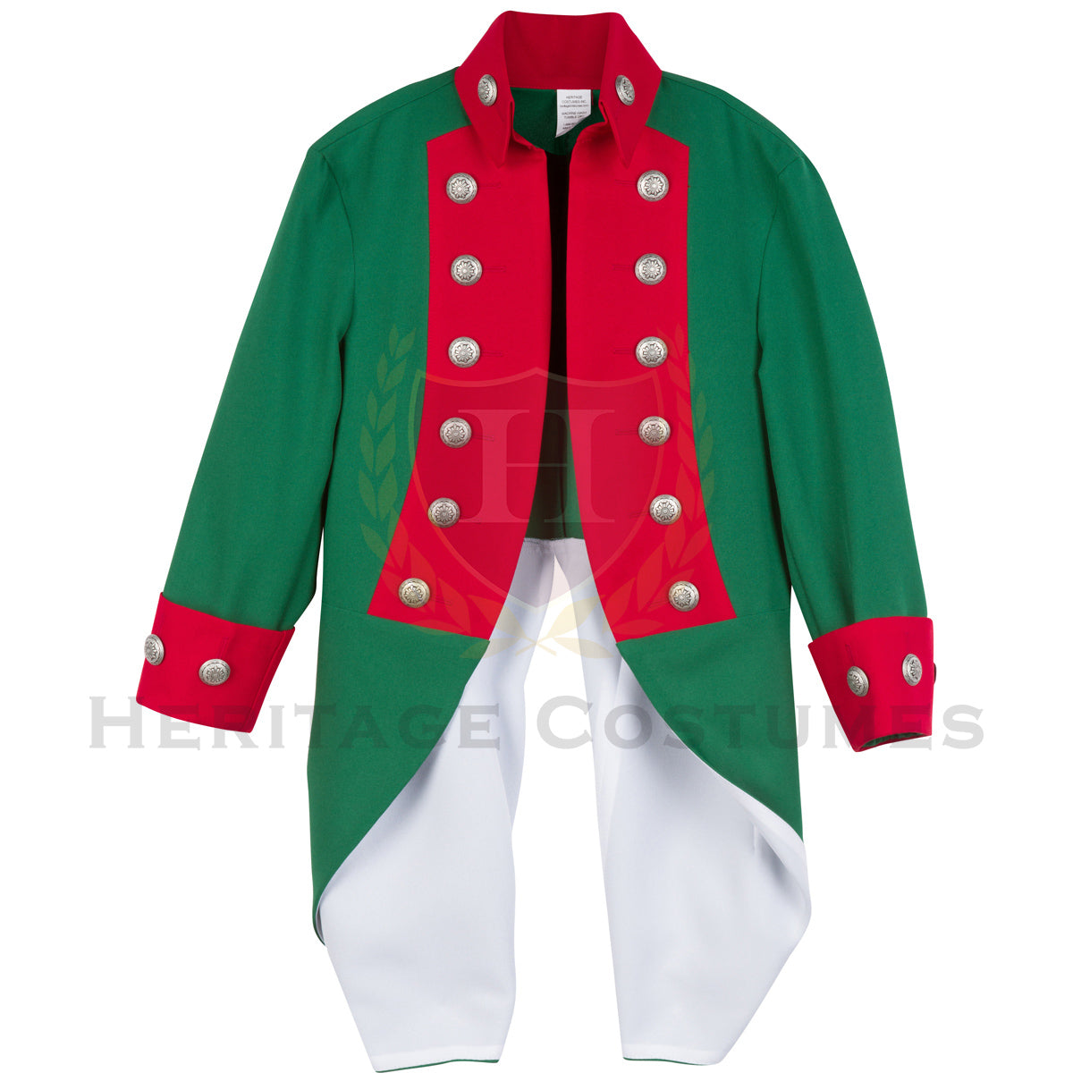 Front view of the Continental Marine Corps uniform jacket, featuring green gabardine fabric with red lapels and silver buttons, designed for historical accuracy and perfect for Revolutionary War reenactments or educational events.