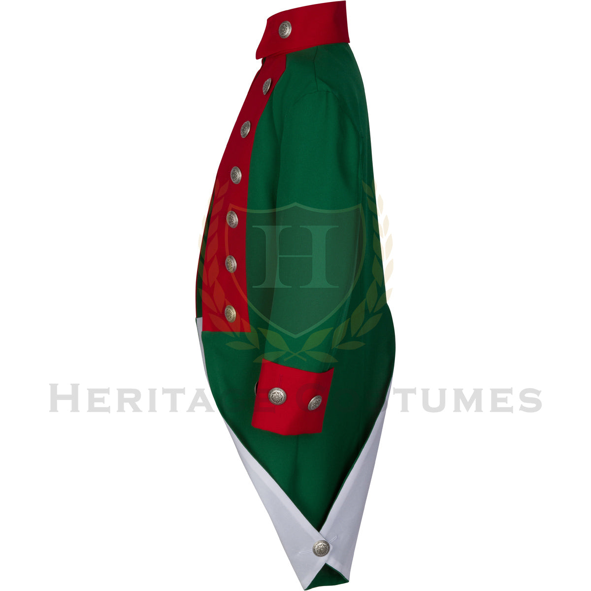 Side view of the Continental Marine Corps uniform jacket, showcasing its tailored green gabardine fabric, red lapels, and historically inspired design, ideal for Revolutionary War reenactments or educational purposes.