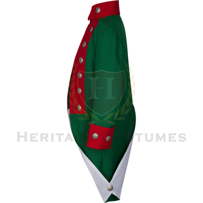 Side view of the Continental Marine Corps uniform jacket, showcasing its tailored green gabardine fabric, red lapels, and historically inspired design, ideal for Revolutionary War reenactments or educational purposes.