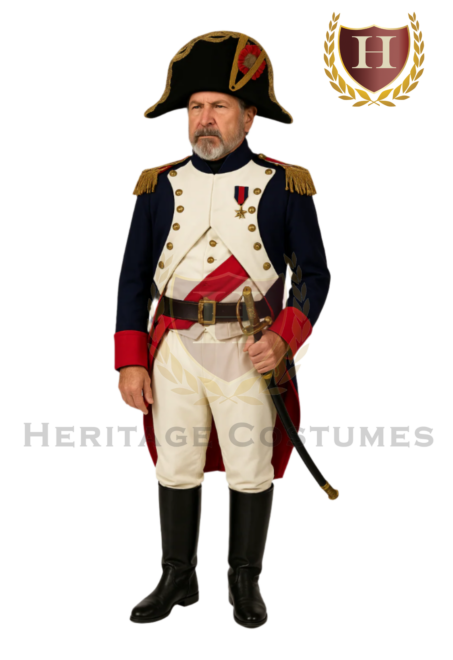 Deluxe adult Napoleon military uniform featuring a navy and cream coat with gold buttons, red accents, epaulettes, a bicorne hat with gold trim, a red sash, and a decorative sword — ideal for historical reenactments or theatrical performances.