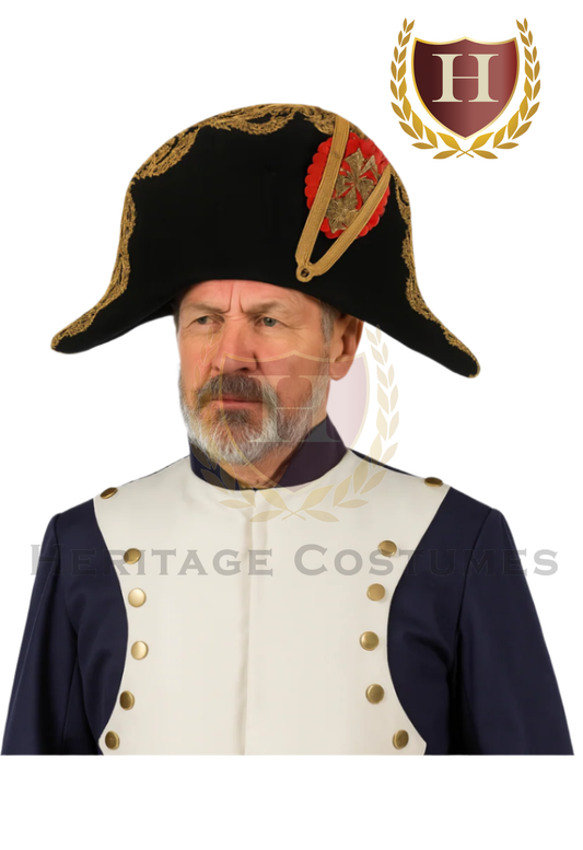 Deluxe Napoleon bicorne hat with gold trim and cockade – historical costume accessory for men