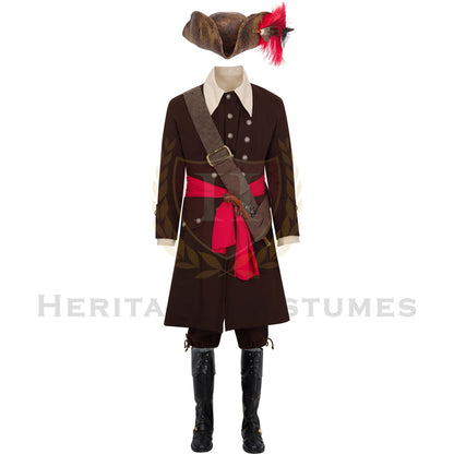 Deluxe complete pirate costume featuring a richly detailed vest, ruffled shirt, trousers, sash, belt, and tricorn hat, perfect for pirate-themed events, Renaissance Faires, Halloween, or cosplay.