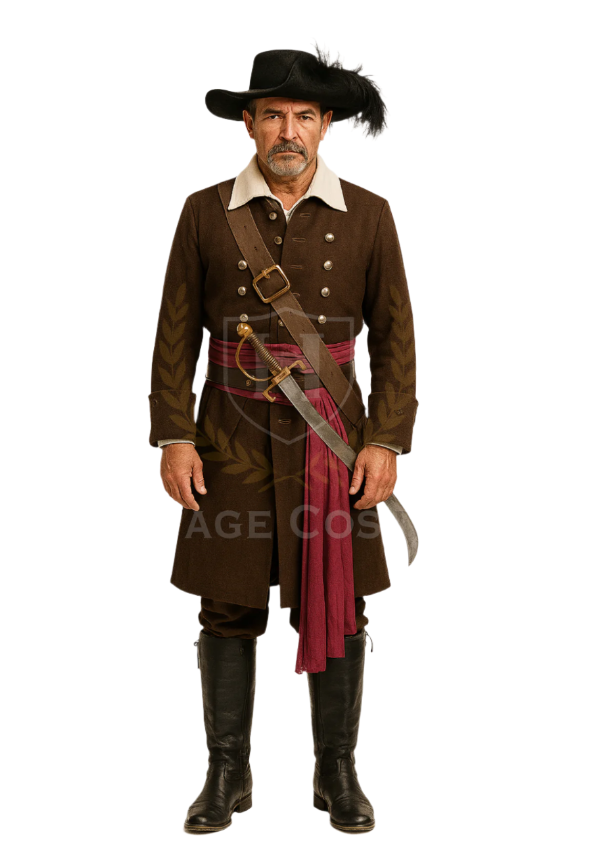 Deluxe pirate costume inspired by Hector Barbossa, featuring a long brown coat with silver buttons, wide-brimmed feathered hat, burgundy sash, faux leather sword belt, and tall black boots, styled for a historical 17th-century pirate look