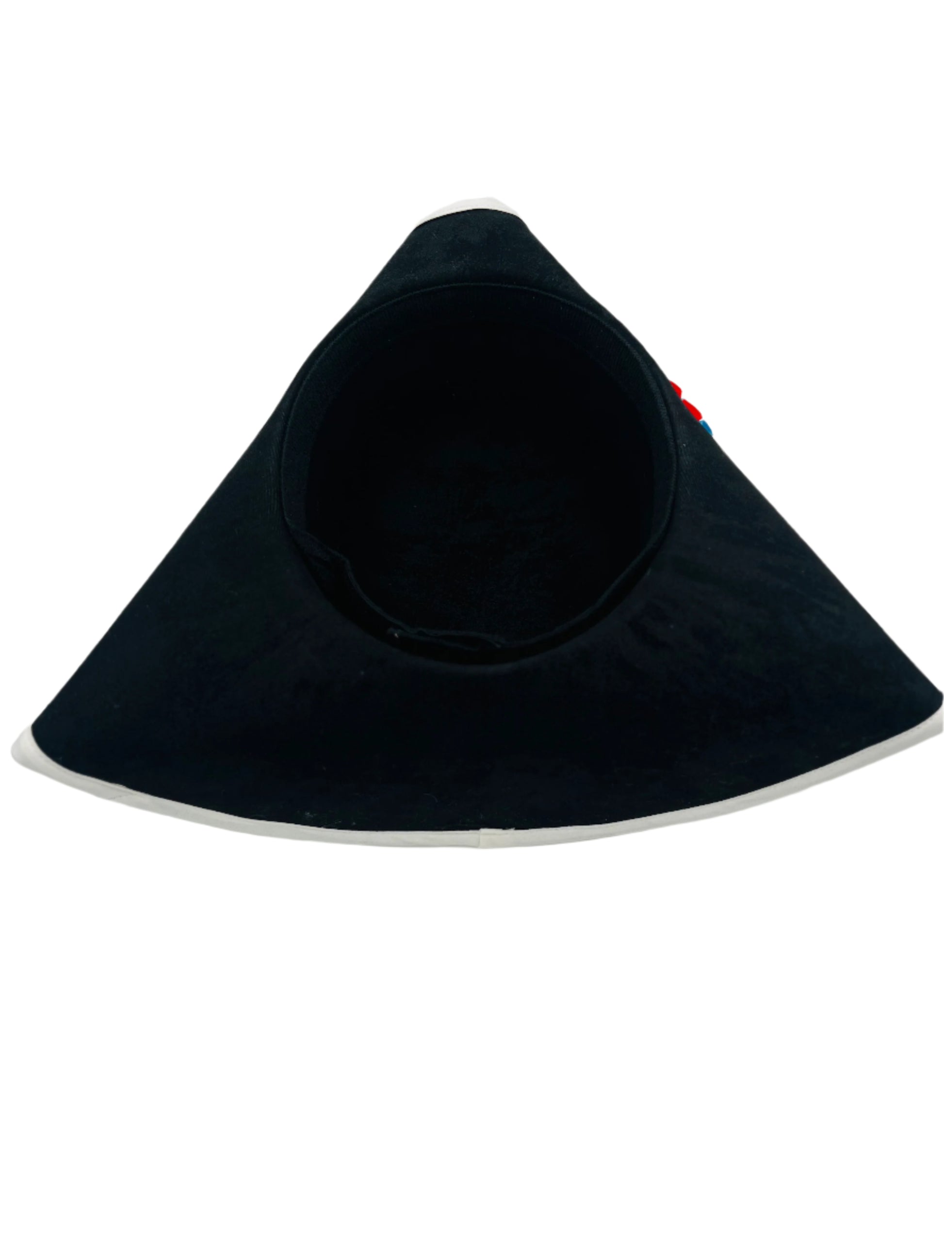 Interior view of the Deluxe Historical Tricorn Hat featuring a smooth polyester suede lining and a built-in hook-and-loop size adjuster for a comfortable, customizable fit up to XL (24-inch circumference).
