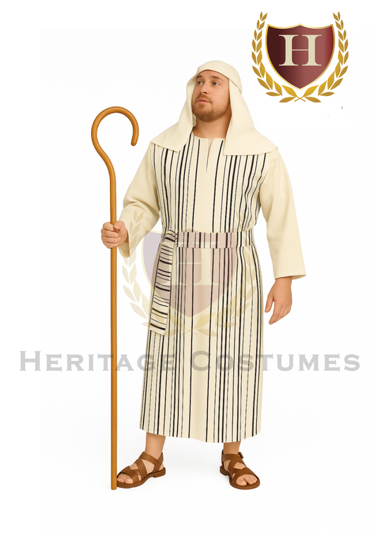 Deluxe striped biblical robe costume with sash and headpiece – historical religious outfit for adults.
