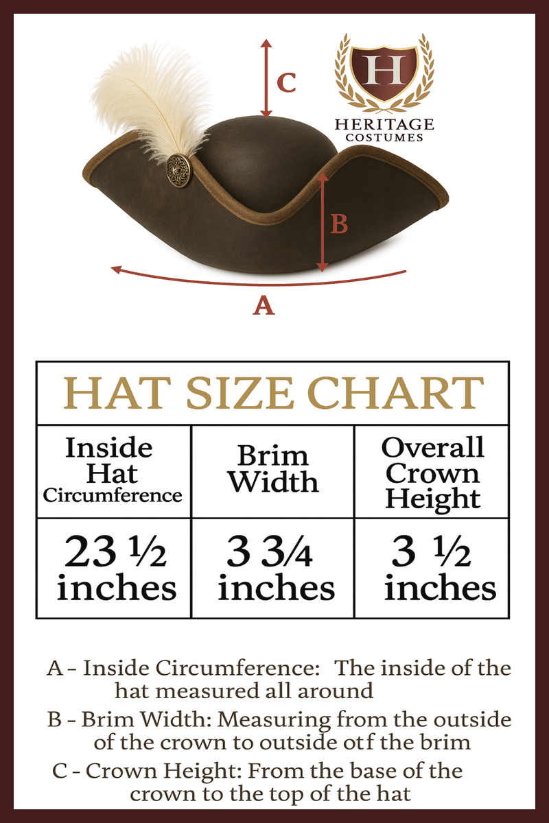 Size chart for flat crown pirate hat showing head circumference measurements in inches and centimeters for small, medium, large, and extra-large sizes.