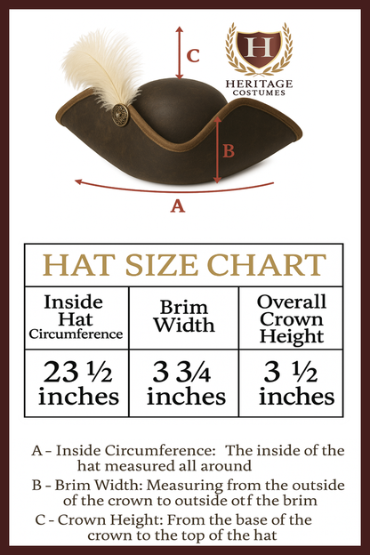 Size chart for flat crown pirate hat showing head circumference measurements in inches and centimeters for small, medium, large, and extra-large sizes.