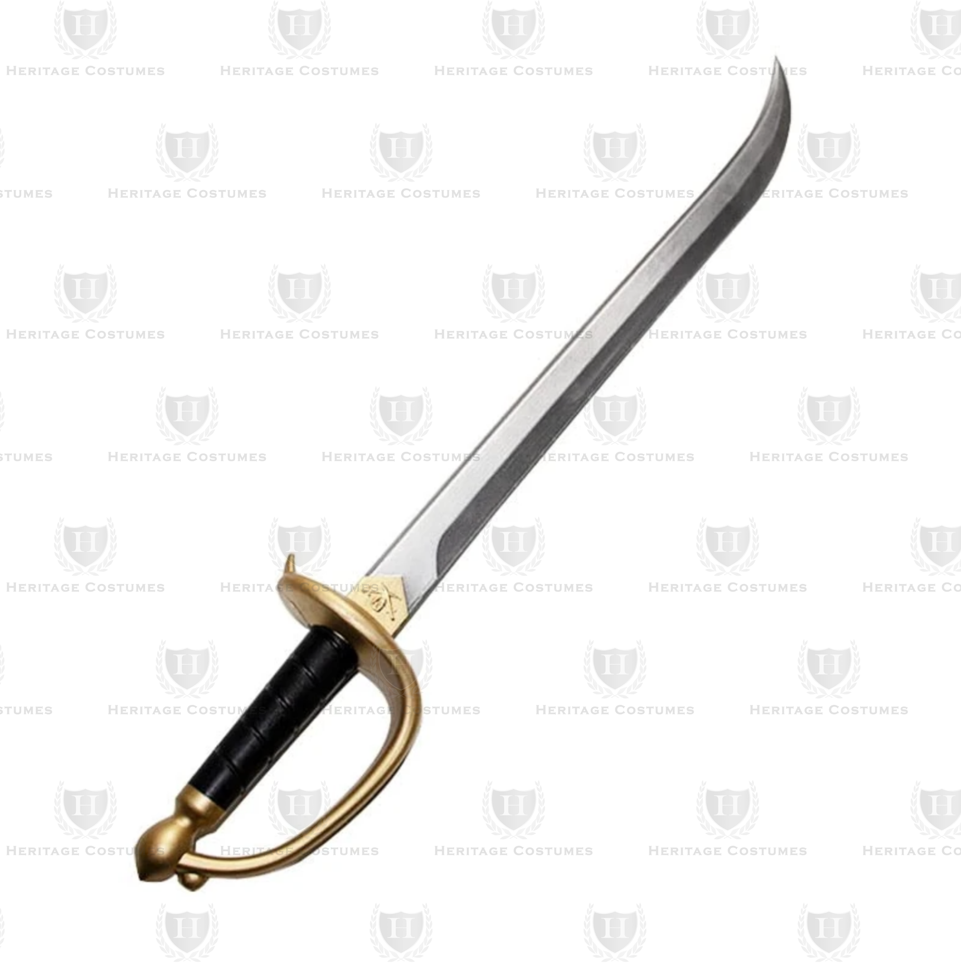 Foam pirate cutlass featuring a curved blade with a realistic metallic finish and an ornate hilt. Lightweight and safe for cosplay, LARP, pirate festivals, and theatrical performances. Perfect for completing a pirate captain or buccaneer costume.