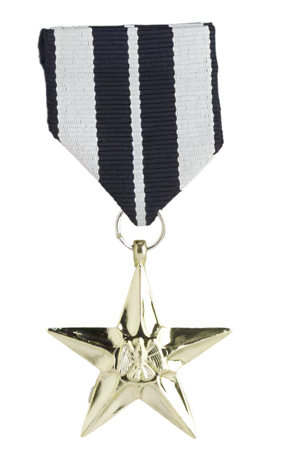 French Star Military Medal featuring a detailed star design attached to a blue and white ribbon, perfect for adding authenticity and honor to historical costumes and reenactments.