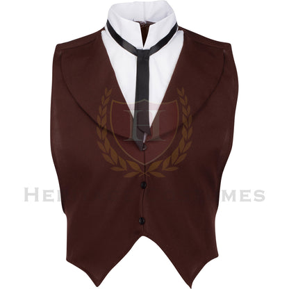 Front view of a brown Victorian vest crafted from gabardine fabric, featuring an attached wing-tip shirt front and a classic black ribbon tie. Ideal for Dickensian characters like Bob Cratchit, Victorian gentlemen, and historical reenactments.