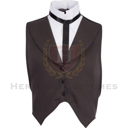 Front view of a charcoal Victorian vest made from gabardine fabric, featuring an attached wing-tip shirt front and a classic black ribbon tie. Perfect for historical figures like Abraham Lincoln, Ebenezer Scrooge, and Victorian-era gentlemen.