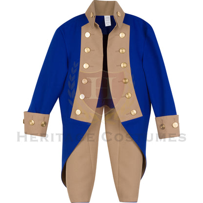 Front view of American Revolutionary War officer's jacket in royal blue with contrasting tan lapels and removable gold buttons. Inspired by Continental Army uniforms from the 18th century. Perfect for historical reenactments and theatrical costumes.