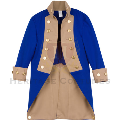 Front view of American Revolutionary War officer's jacket in royal blue with contrasting tan lapels and removable gold buttons. Inspired by Continental Army uniforms from the 18th century. Perfect for historical reenactments and theatrical costumes.
