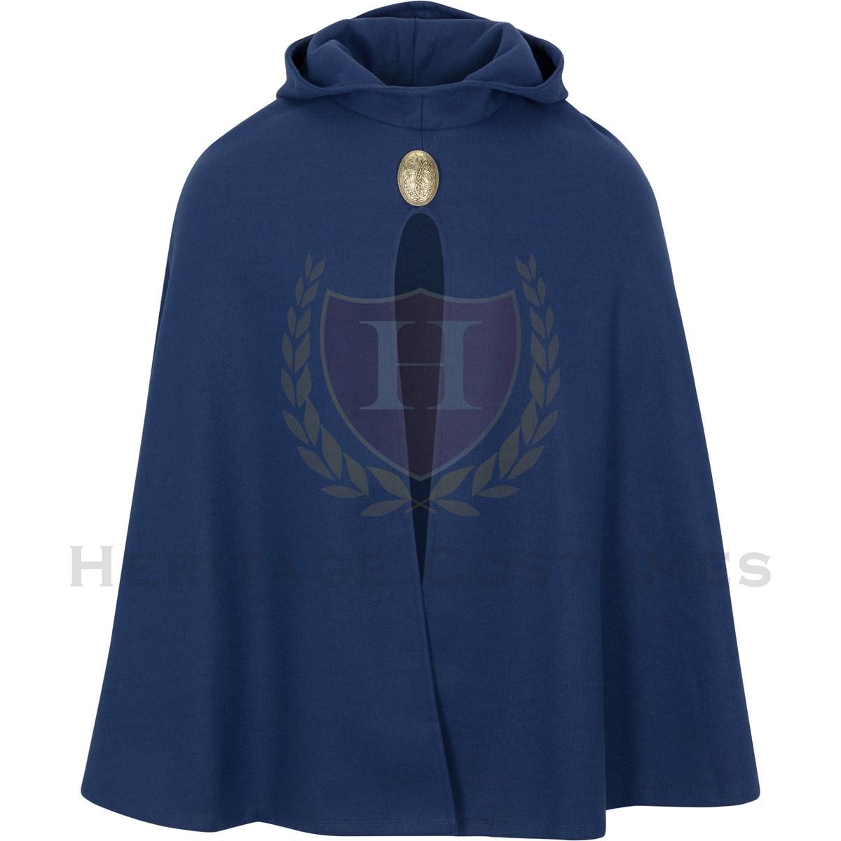 Front view of a blue hooded medieval children’s cloak made from high-quality faux wool polyester fabric. Features a full attached hood, a bell-shaped drape, and a faux pewter brooch closure. Perfect for Renaissance Faires, LARP events, and historical reenactments.